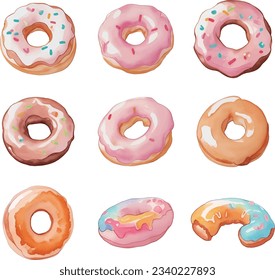 Set of colorful donuts isolated on white background. Watercolor illustration.
