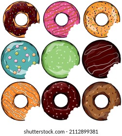 Set of colorful Donuts with a mouth bite isolated on white background. illustration in flat style Raster version