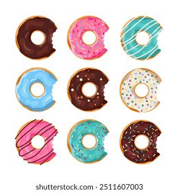 Conjunto de rosquinhas coloridas com uma mordida de boca isolada em fundo branco. Top View coleção Doughnuts em esmalte para design de menu, decoração de café, caixa de entrega. ilustração vetorial em estilo plano