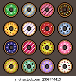 Set of colorful donuts in old pixel style. 16 bit American traditional sweets. Cute retro illustration of delicious food for stickers, video games, chats, stream. Vector collection of yummy goodies.