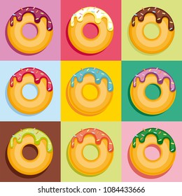 Set of colorful donuts on pastel color background. Top View Donuts collection in bright glaze for postcards, menu design, cafe decoration, delivery box. vector Doughnut illustration