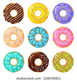 Set of colorful donuts on white background, flat vector illustration