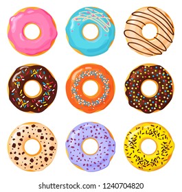 Set of colorful donuts on white background, flat vector illustration