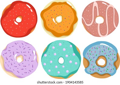 A set of colorful donuts on a white background.