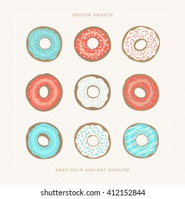 set of colorful donuts over paper background. vector glazed doughnut icons. cartoon style breakfast cake design. cafe decorative menu icons