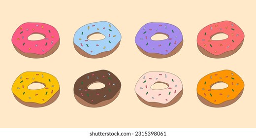 Set of colorful donuts. Retro style. Vector linear illustration.