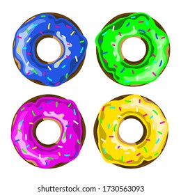 Set of colorful donuts with sprinkles and icing isolated on a white background. Top View Doughnuts collection into glaze for menu design, cafe decoration, delivery box. Flat vector illustration