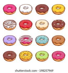 Set of colorful donuts. Sweets in hand drawn style.