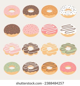 Set of colorful donuts. Various types of donuts in glaze and chocolate.
