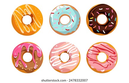 Set of colorful donuts. Various types of donuts in glaze and chocolate, elements for design of cafe, menu, promo banner. Flat vector cartoon illustration.