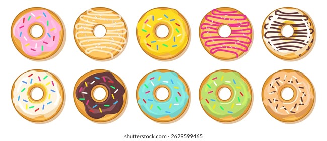 Set of colorful donuts. Various types of donuts in glaze and chocolate, cafe design elements, menu, advertising banner. Vector flat cartoon illustration