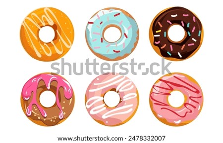 Set of colorful donuts. Various types of donuts in glaze and chocolate, elements for design of cafe, menu, promo banner. Flat vector cartoon illustration.