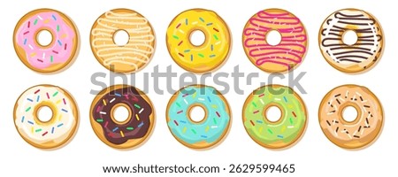 Set of colorful donuts. Various types of donuts in glaze and chocolate, cafe design elements, menu, advertising banner. Vector flat cartoon illustration