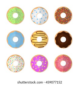 Set of colorful donuts. Vector illustration of sweet donuts into the glaze collection isolated on a white background. Modern flat style.