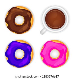 A set of colorful donuts whole and a cup of coffee. Top view of a collection of donuts in glaze and coffee in a cup. Donuts and coffee for menu design, cafe decoration. Шllustration in a flat style