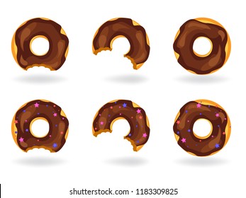 A set of colorful donuts whole and with a mouth bite. Donuts isolated on white background. Top view of a collection of donuts in glaze. Vector illustration in a flat style. Donuts for menu design.