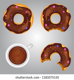 A set of colorful donuts whole and with a mouth bite and a cup of coffee. Top view of a collection of donuts in glaze and coffee in a cup. Donuts and coffee for menu design, cafe decoration.