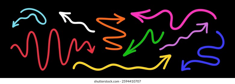 Set of colorful doodle arrows, direction pointers shapes on dark background. Vector illustration.