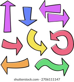 Set of colorful doodle arrows pointing in different directions vector