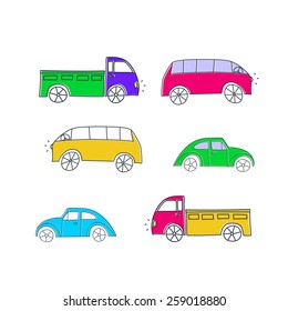Set of colorful doodle cars. Vector isolated hand drawn illustration.