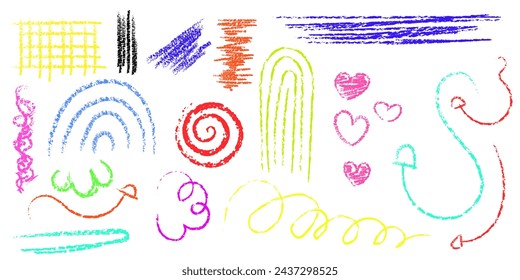 Set of colorful doodle crayons, hand drawn design element. Vector graphic crayons, childish texture, abstract scribble illustration