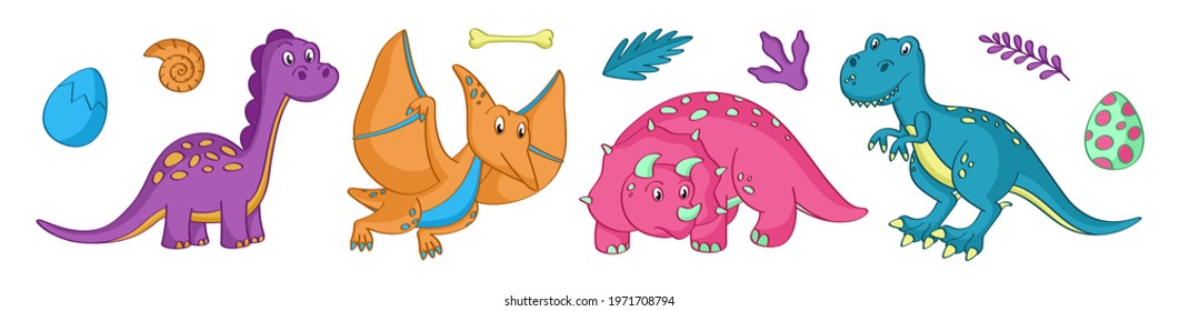 Set of colorful doodle dinosaurs with elements. Vector illustration. Dino icons collection.