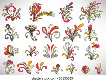 Set of colorful doodle floral elements with flowers, curls, branches and leaves isolated on white background. Damask elements, calligraphic shapes. Vector illustration.