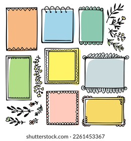 Set of colorful doodle frames and branches for bullet journal, notebook, diary, and planner isolated on white background. 