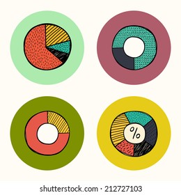 Set Of Colorful Doodle Hand Drawn Pie Diagrams Icons, Isolated On Bright Circles.