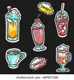 Set of colorful doodle icon sketches of iced coffee and cocktails. Milkshake, cappuccino, espresso, latte and other cocktails in trendy youthful style. Vector EPS 10 illustration.