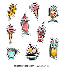 Set of colorful doodle icon sketches of iced coffee, cocktails and ice cream. Milkshake, cappuccino, espresso, latte and other cocktails in trendy youthful style. Vector EPS 10 illustration.