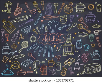 Set of colorful doodle kitchen tools on chalkboard. Vector illustration. Perfect for wallpaper, pattern fills, textile, web page background, surface textures.