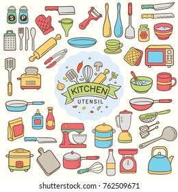 Set Of Colorful Doodle Kitchen And Utensil Isolated Over White Background