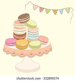 Set of colorful doodle macaroon on plate. Sketch macaroon. Macaroons handmade. Objects for design. French dessert. Cute macaroon with doodles. Vector illustration.