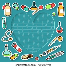 Set of Colorful doodle medic icons - syringe, pipette, vial, bottle, tablet, flask, Capsule, stethoscope. Hand drawn ink icons for medicine and health around the silhouette heart. 