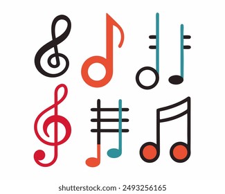 Set of colorful doodle musical note symbol isolated over white background