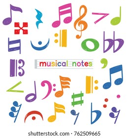 Set of colorful doodle musical note symbol isolated over white background