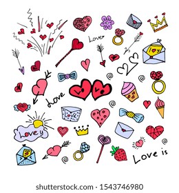 Set of colorful doodle on background.Doodles heart, ring, letters, arrow, cupcake, crown elements. Color vector items. Design for prints and cards. doodle love pattern. Isolated vector on white.