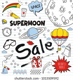 Set of colorful doodle on paper background,Doodles supermoon saleelements
