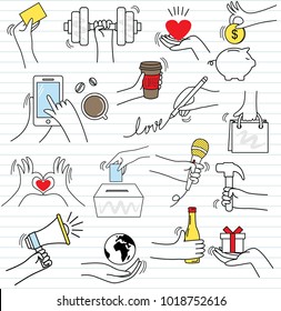Set of colorful doodle on paper background.Doodles hand gestures elements.