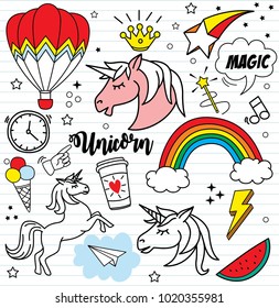 Set of colorful doodle on paper background, fun cartoon icons design vector