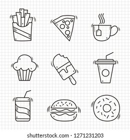 Set of colorful doodle on paper background.Coffee shop elements. 