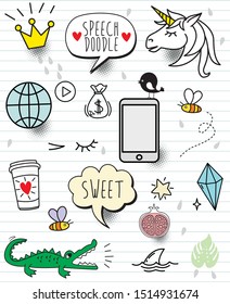 Set of colorful doodle on paper background.Doodles unicorn and  elements