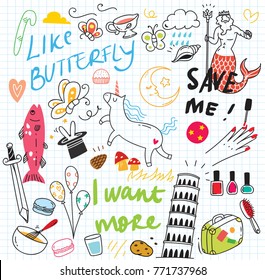 Set of colorful doodle on paper background