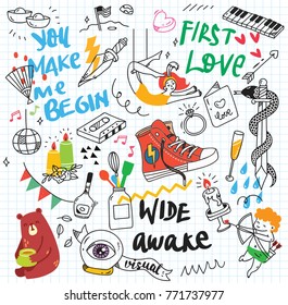 Set of colorful doodle on paper background