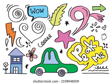 Set of colorful doodle on white background.kids doodle.vector illustration.