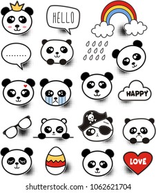 Set of colorful doodle panda on paper background