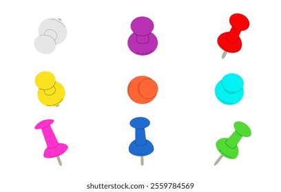 A set of colorful doodle pins.  Thumbtack. Stationery, pins for fixing announcements on the board. Vector illustration