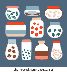 Set of colorful doodle preserved food on navy background. Hand drawn collection with cute different shape jars and bottles with abstract vegetables, nuts, pasta. Vector flat style cartoon illustration