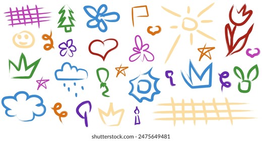 Set colorful Doodle Scribble element isolated white background. Colored funky Scribble sun flower grid. Minimalism brush drawing vector aesthetic.